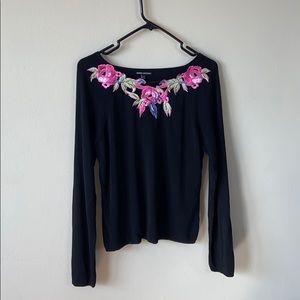 Debbie Morgan Black Long Sleeve Top Pink Floral Cutout Neckline Stretch Large